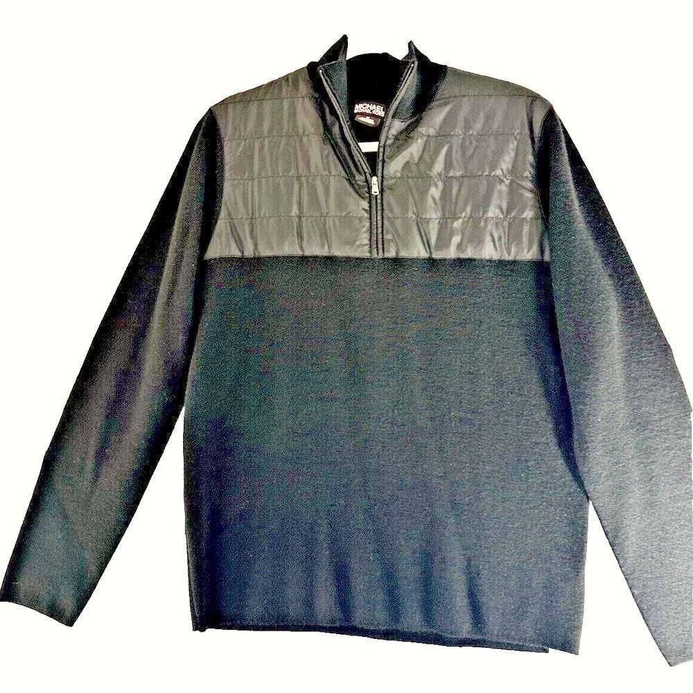 Michael Kors Quarter Zip Sweater Mens M Black Quilted Hybrid Wool Blend
